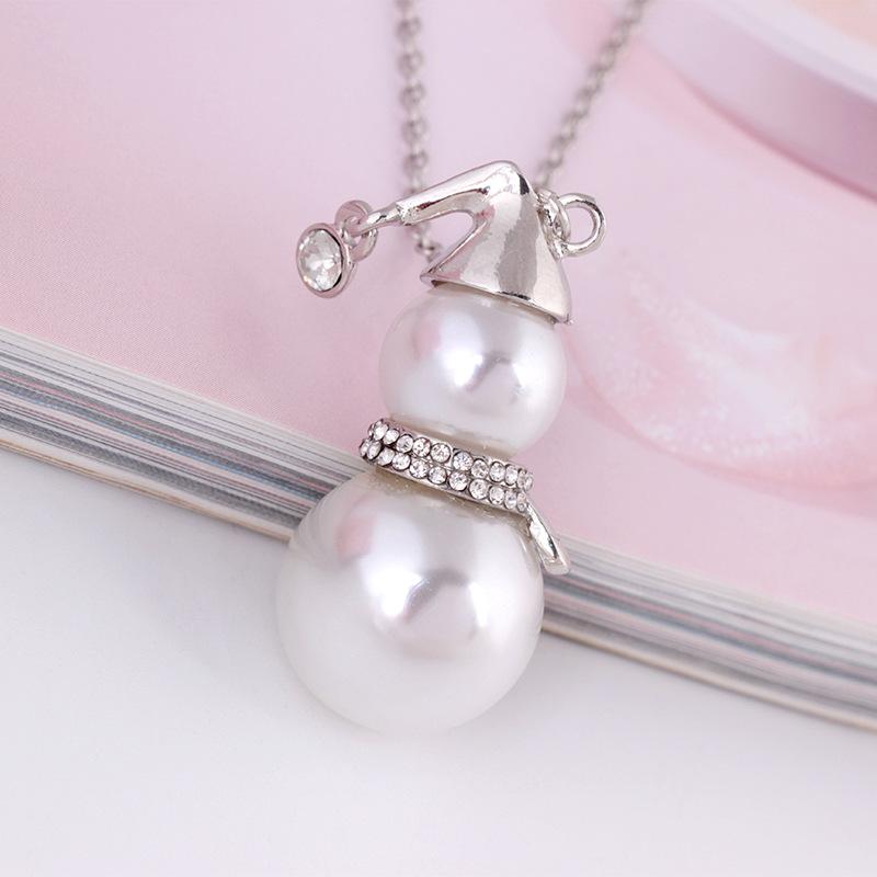 Jewelry Long Sweater Chain Christmas Gift Diamond Pearl Snowman Pendant Necklace