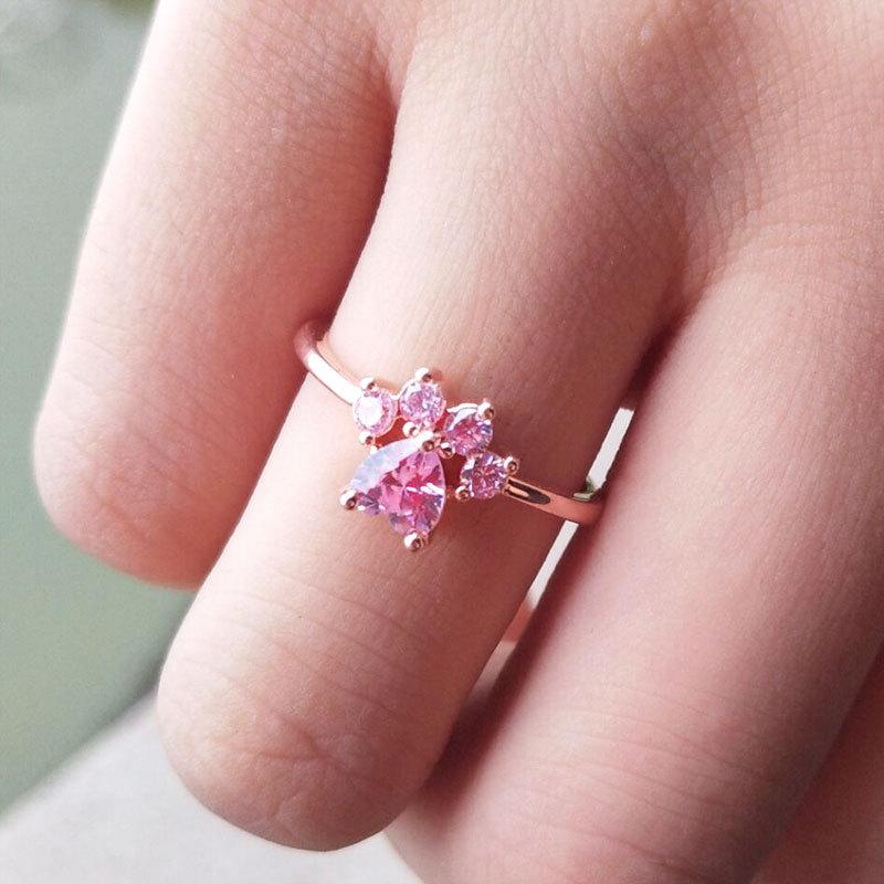 Cute Cartoon Opening Adjustable Cat Claw Cat Footprint Zircon Ring Female Electroplated Silver Animal Copper Jewelry