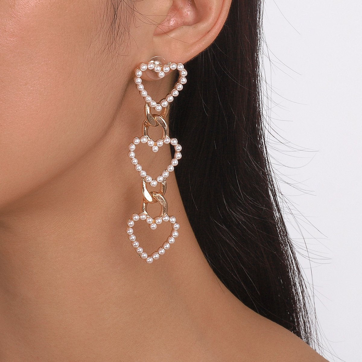 E1769 Exaggerated Long Love Pearl Earrings Chain Personality French Elegant Small Crowd Earrings