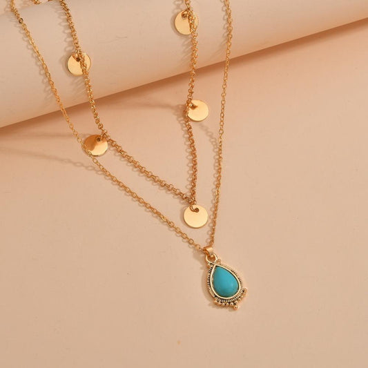 Fashion Round Iron Necklace Clavicle Chain Alloy Water Drop Pendant Multilayer Necklace Accessories