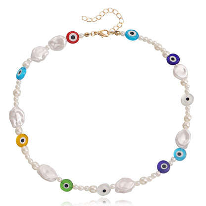 Jewelry Simple Single Layer Clavicle Chain Devil's Eye Necklace Retro Stitching Imitation Pearl Eye Necklace