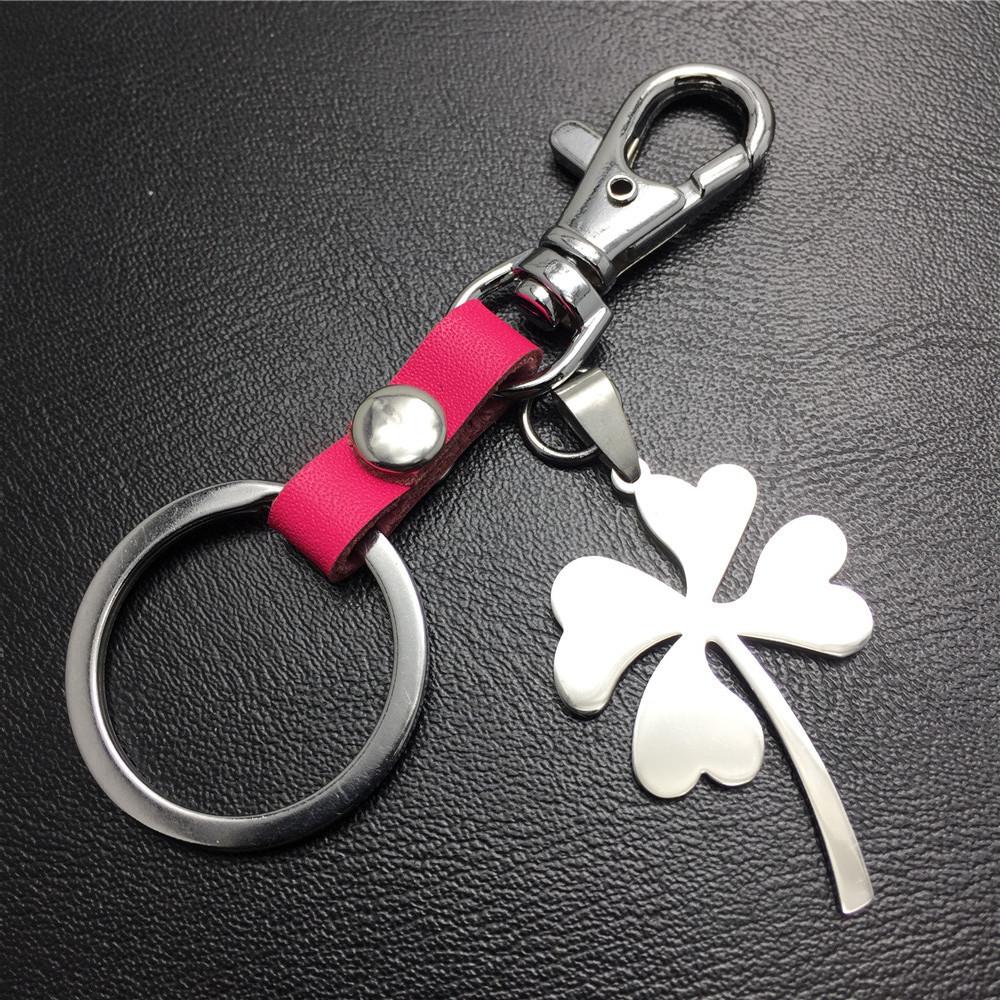 Four Leaf Lucky Flower Titanium Steel Pendant Leather Keychain Pendant Accessories