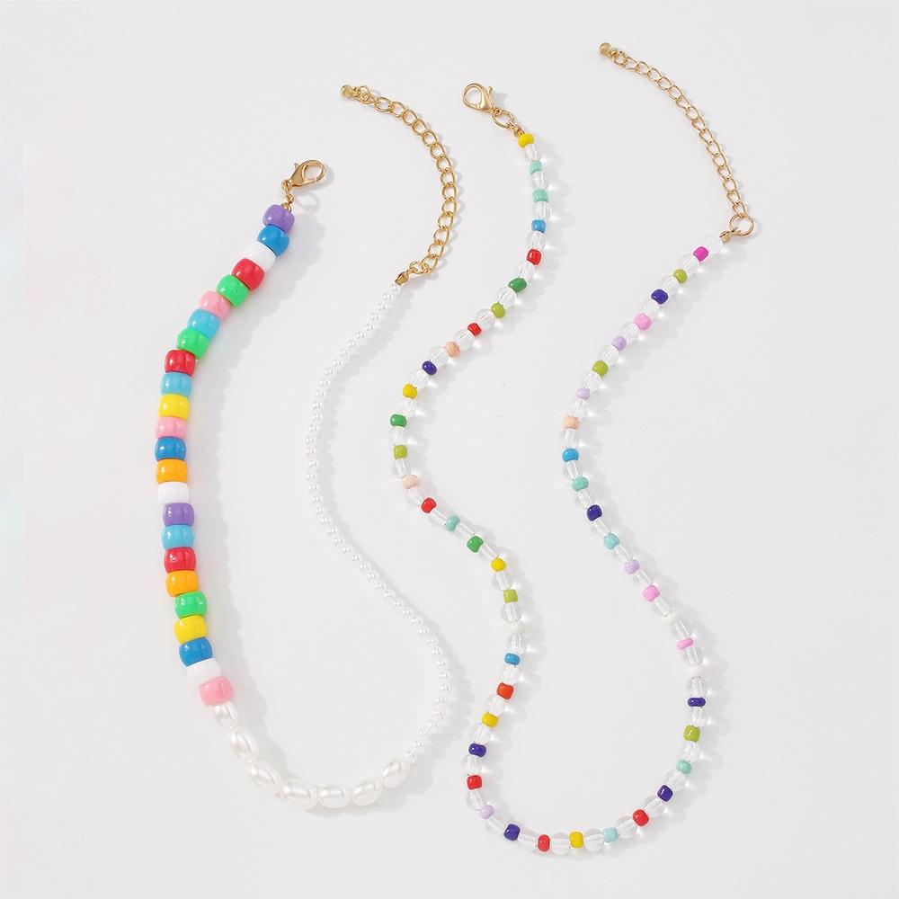 N9459 Bohemian Colorful Bead Necklace Imitation Pearl Resin Necklace Retro Hip Hop Double Layer Necklace for Women