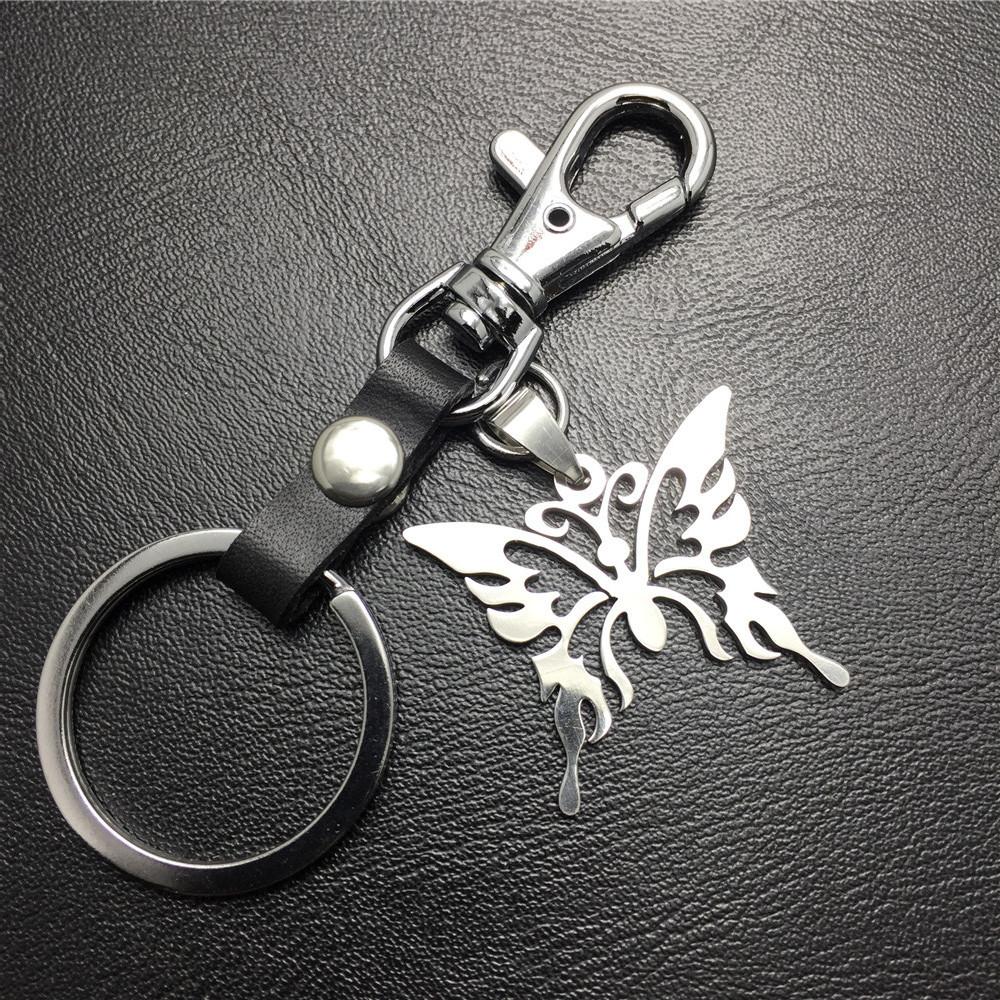 Men and Women Jewelry Titanium Steel Pendant Stainless Steel Hollow Butterfly Pendant Leather Keychain
