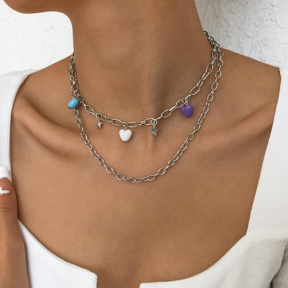 N9513 Personality Simple Double Layer Necklace Pentagram Resin Heart Necklace Geometric Sweet Cool Necklace for Women