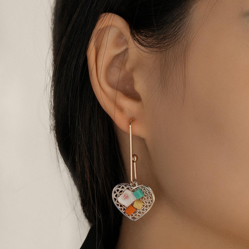 Small fresh hollowed out love diamond shell earrings personality candy color temperament long heart-shaped earrings