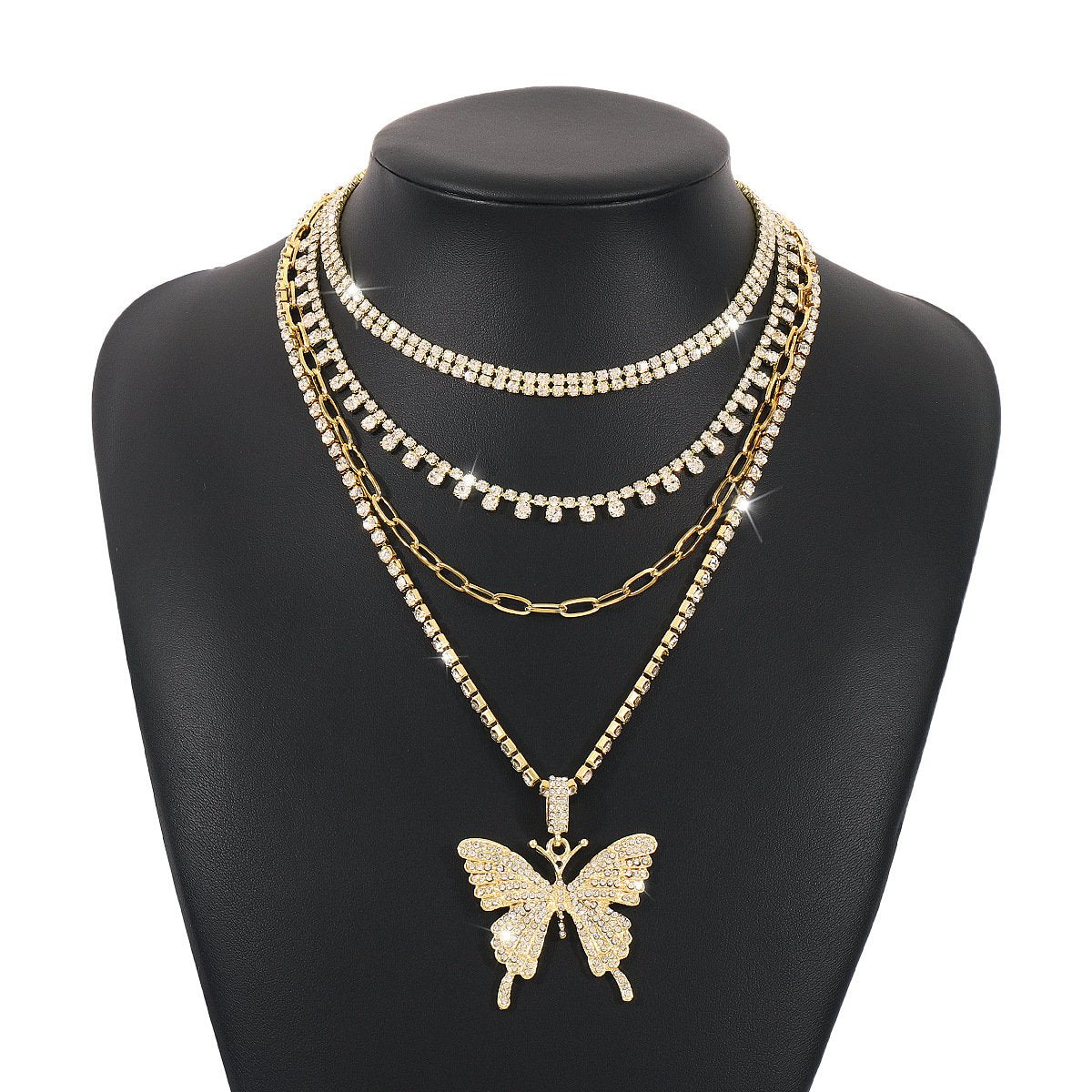 N1139 Exaggerated Multilayer Necklace Butterfly Full Diamond Light Luxury Temperament Necklace Individual Stacked Vintage Necklace