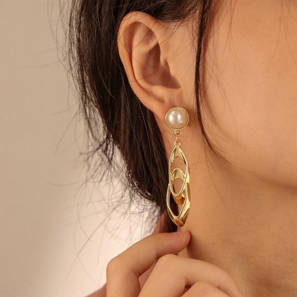 Earrings Jewelry Temperament Pearl Simple Geometric Double Oval Metal Earrings Advanced Sense Versatile Earrings