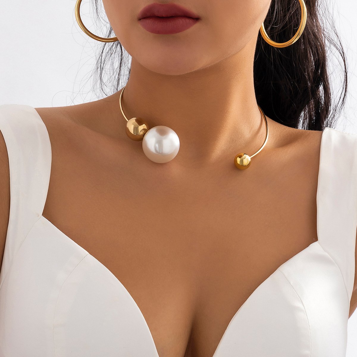 Jewelry Personality Metal Ring Necklace Necklace Simple Asymmetric Imitation Pearl Bead Necklace Female