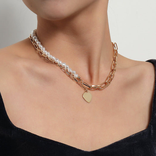 Jewelry Fashion Glossy Peach Heart Pendant Necklace Female Personality Double Thick Chain Pearl Love Necklace