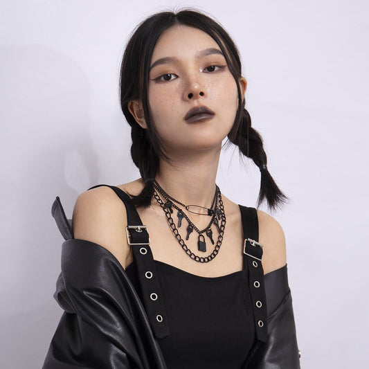 Jewelry personality gender pin metal sweet cool chain necklace retro lock key multi-layer necklace female