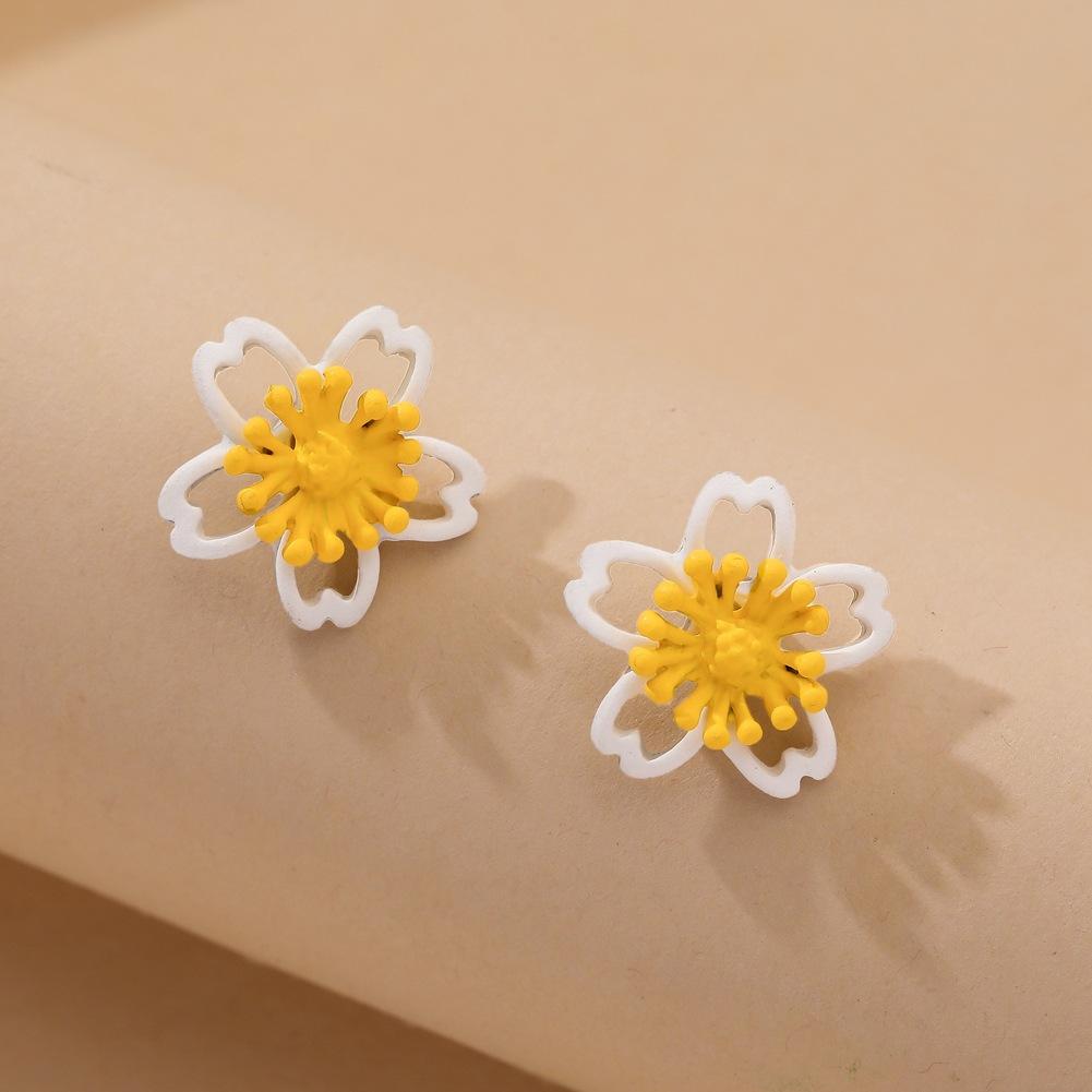 Taobao hollow small flower two-color stud earrings colorful flower paint earrings 925 silver needles