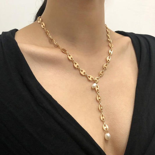 N8118 Back Chain Creative Pig Nose Necklace Female Simple Pearl Light Luxury Tassel Clavicle Necklace