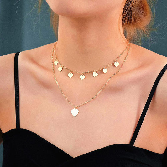 Vintage Iron Piece Peach Heart Pendant Necklace Fashion Double Chain Clavicle Chain Necklace Jewelry