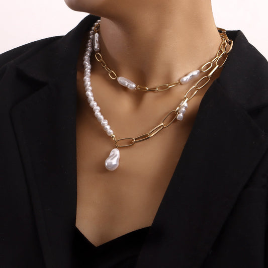 Jewelry double-layer paper clip chain special-shaped pearl pendant necklace female trend Xiaoxiang female necklace