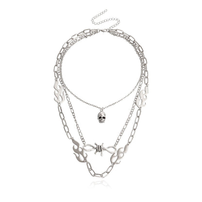 Jewelry punk multi-layer flame shape ins metal necklace female skull clavicle chain necklace