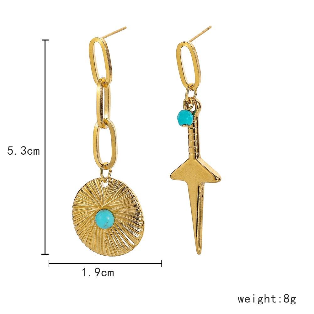 Personalized retro stainless steel gold asymmetric round coin turquoise sword earrings titanium steel trendy fresh earrings for women