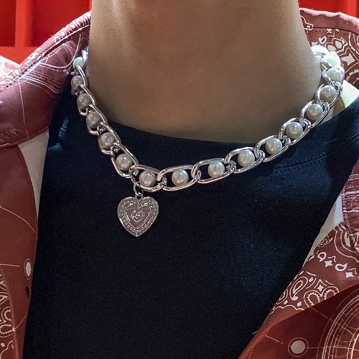 Jewelry retro inlaid pearl chain men's necklace hip-hop trendy cool metal peach heart-shaped necklace female