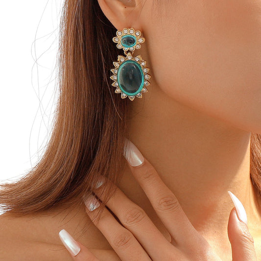 E116 Medieval court elegant gemstone earrings resin rhinestone double-layer personality niche earrings for women