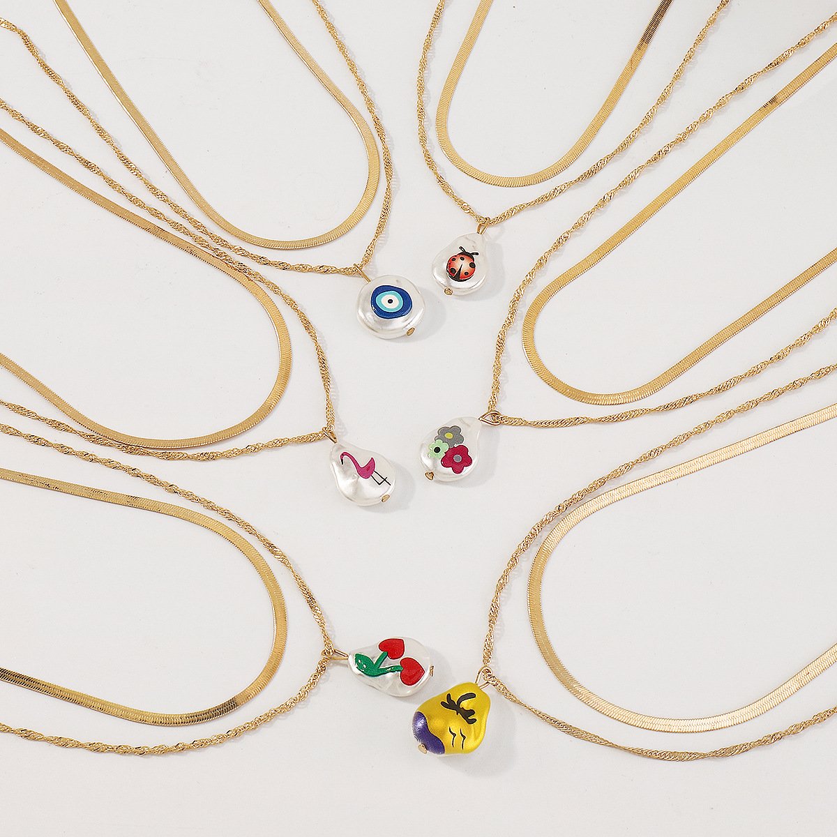 N1699 Necklace Fresh and Lovely Drip Oil Cherry Print Ladybug Layered Double Layer Simple Necklace