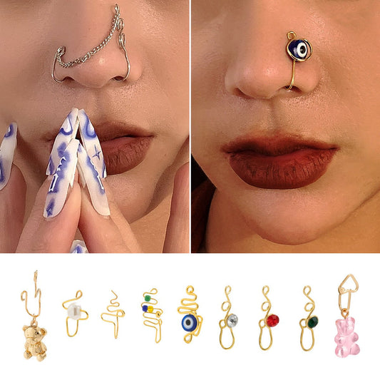 Jewelry creative winding metal geometric chain nose clip female personality bear eyes multiple nose ornaments