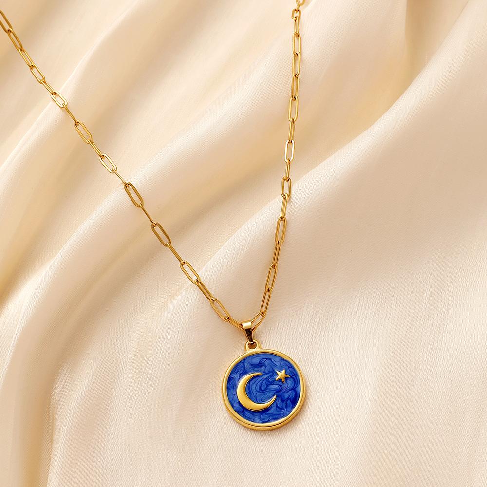 Light luxury niche titanium steel necklace stainless steel gold star moon round coin drop oil necklace female