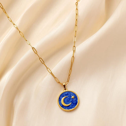 Light luxury niche titanium steel necklace stainless steel gold star moon round coin drop oil necklace female