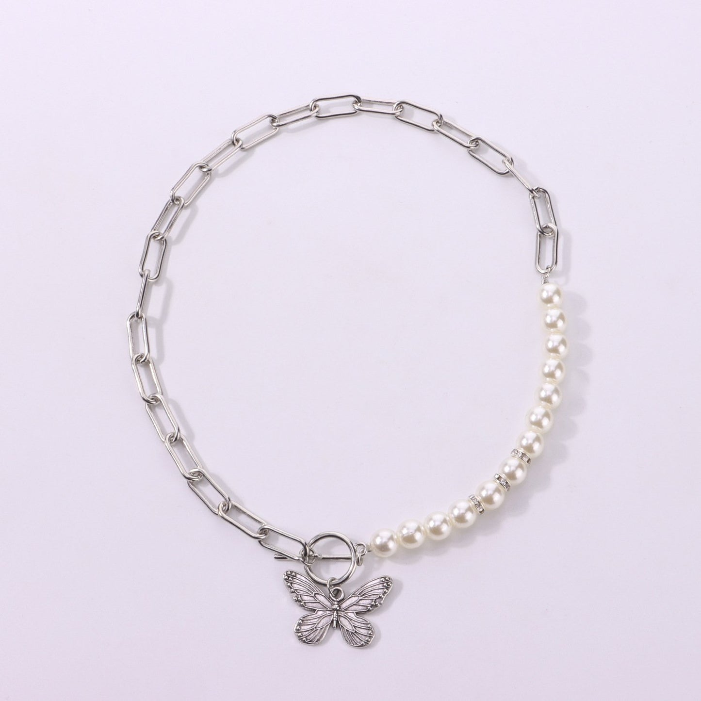 Jewelry OT Buckle Embossed Butterfly Pendant Necklace Female Fashion Half Face Pearl Hole Chain Necklace