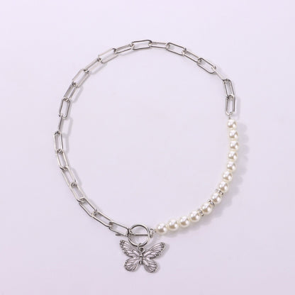 Jewelry OT Buckle Embossed Butterfly Pendant Necklace Female Fashion Half Face Pearl Hole Chain Necklace