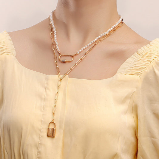 Jewelry punk double-layer imitation pearl long tassel lock-shaped pendant necklace female choker explosion