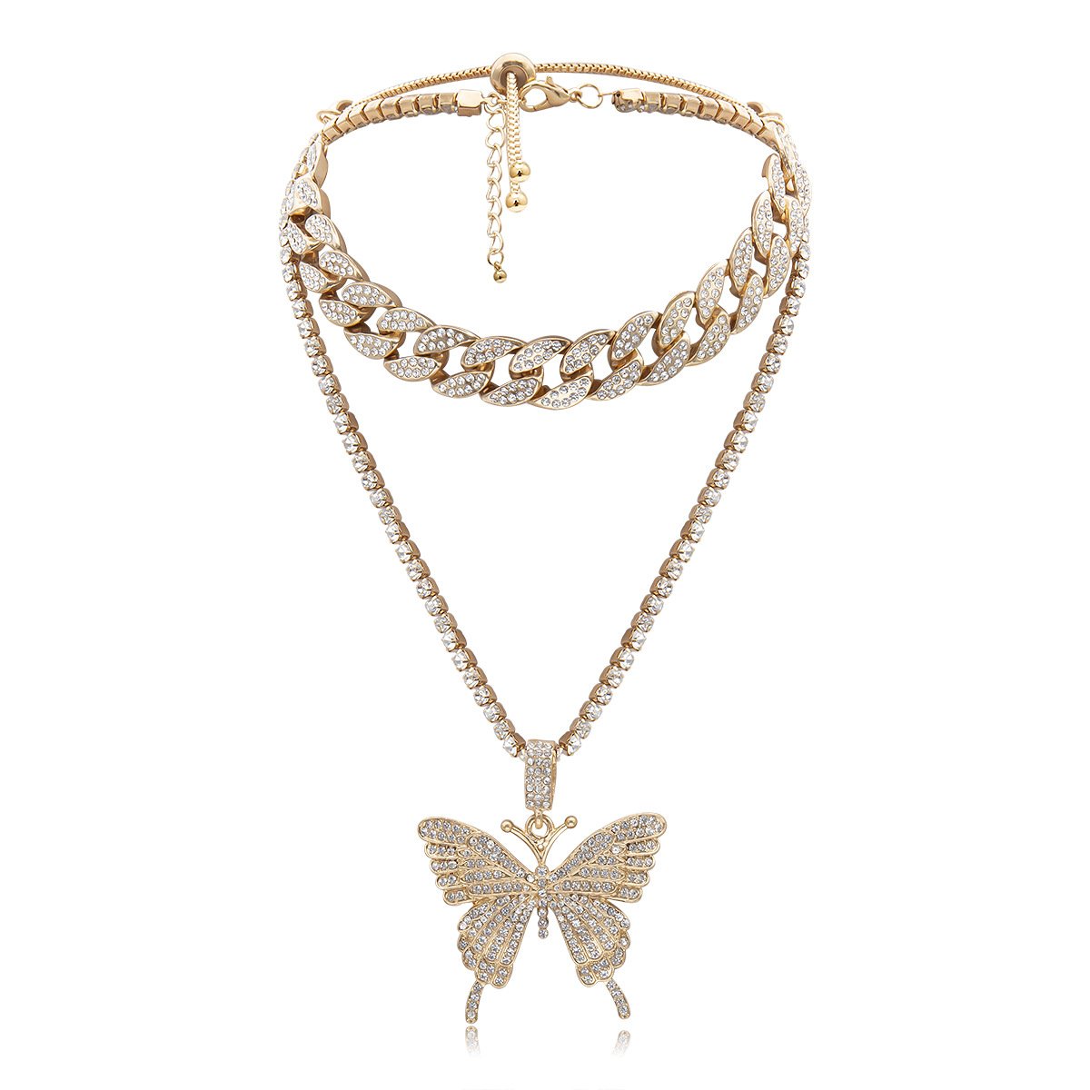 Jewelry Hip Hop Trend Full Diamond Cuban Buckle Necklace Temperament Simple Diamond Butterfly Necklace