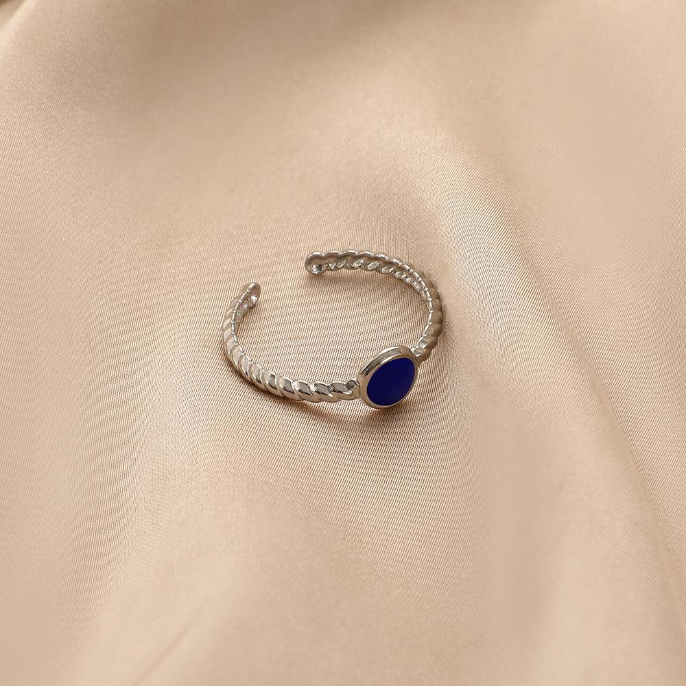 Simple fashion stainless steel dripping oil round sapphire blue open ring original personality female jewelry
