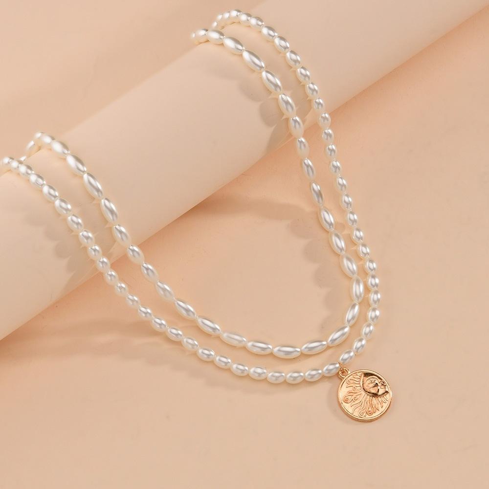 Elegant Temperament Double Imitation Pearl Necklace Fashion Alloy Sun Pendant Necklace Accessories