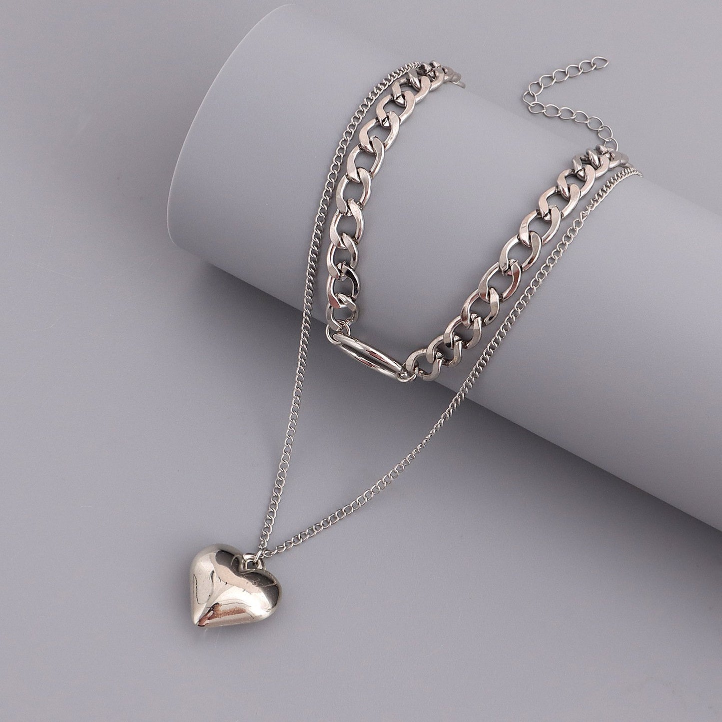 Jewelry Double Cuban Chain Ring Love Pendant Necklace Feminine Trendy Small Fragrance Necklace