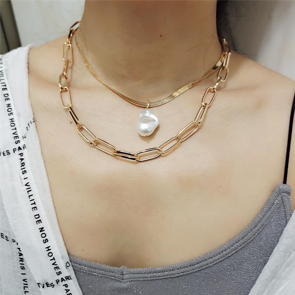 Jewelry Retro Versatile Multilayer Copper Snake Chain Natural Baroque Pearl Fashion Personality Two-piece Set