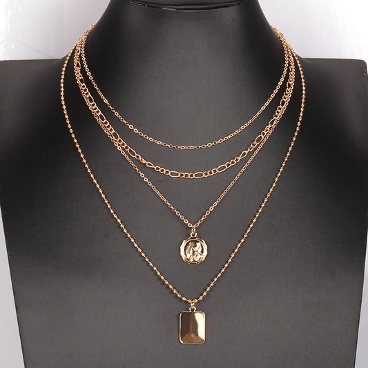 Jewelry Retro Beauty Avatar Pendant Necklace Female Fashion Rectangular Multilayer Chain Accessories