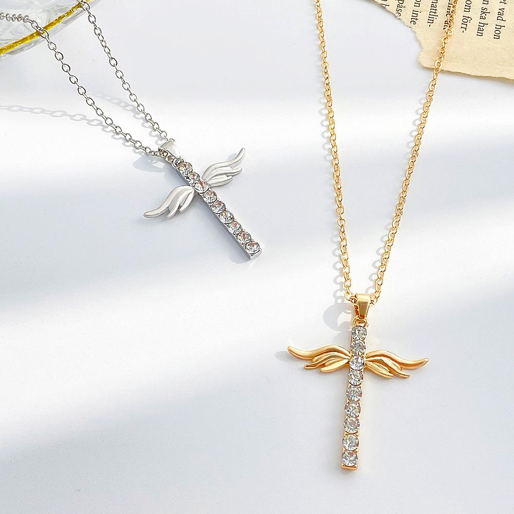 Ins full diamond cross necklace fashion temperament niche design angel wings collarbone chain couple necklace