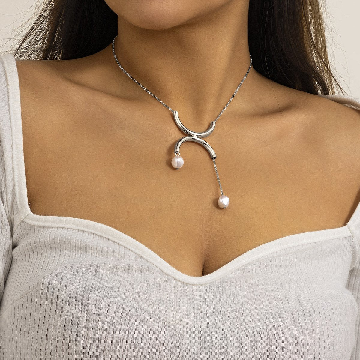 Jewelry Niche Design Pearl Tassel Necklace Female Simple Metal Semicircle Pendant Necklace