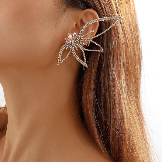 E112 Exaggerated Sweet Cool Niche Earrings Personality Design Leaves Hip-Hop Punk Earrings Full of Diamonds