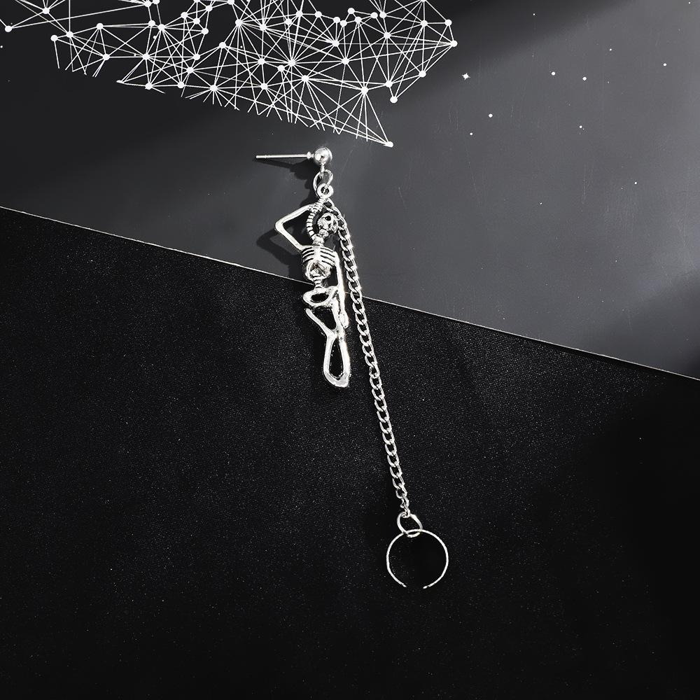Old Metal Skull Earrings Trendy Punk Asymmetrical Chain Ear Clips Halloween Couple Ornaments