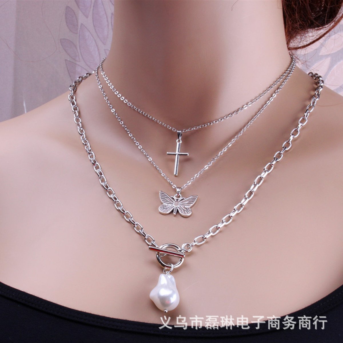 Jewelry Retro Multi-layer Cross Baroque Pearl Butterfly Necklace Female Detachable Three-piece Set