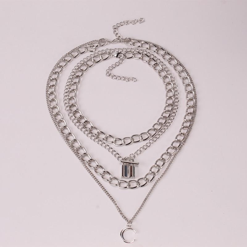 Jewelry Creative Lock Alloy Moon Necklace Fashion Simple Multilayer Chain Necklace Women