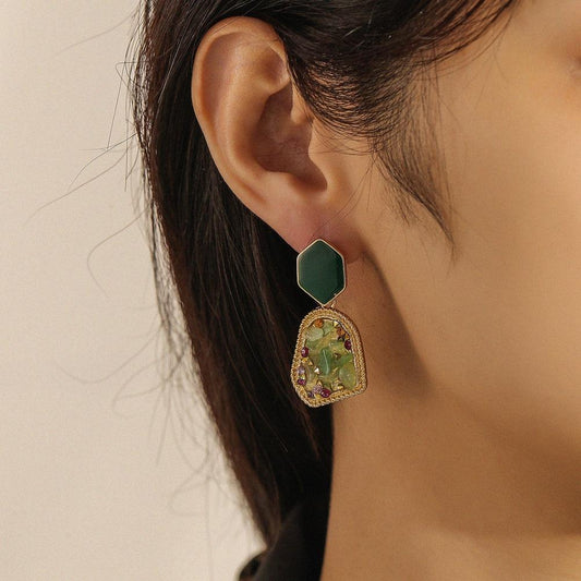 Irregular geometric stud earrings green gravel dripping oil earrings temperament high-end earrings jewelry
