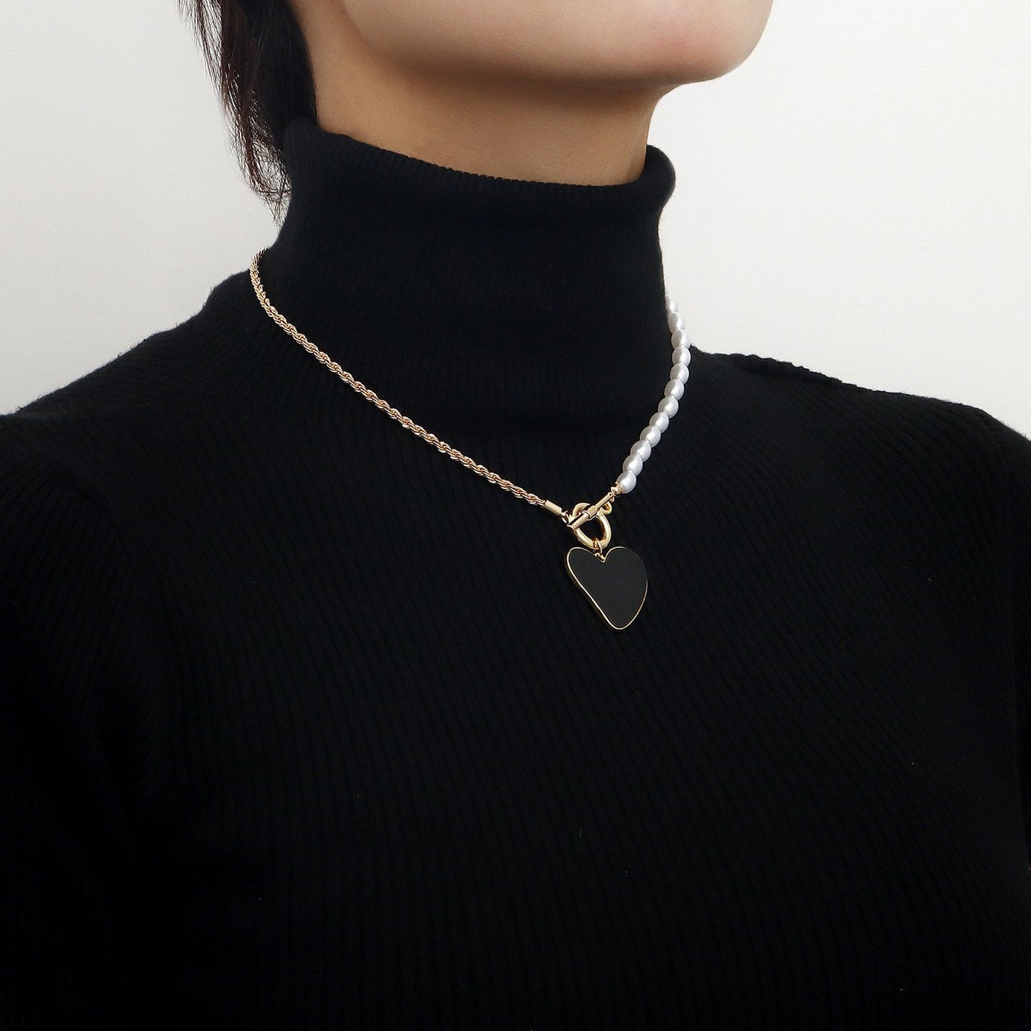 Jewelry trendy stitching half pearl twist chain black love mother-of-pearl necklace female sweater chain