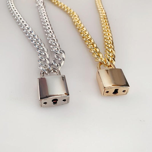 Punk Aluminum Chain Lock Pendant Accessories Rock Hip Hop Lock Necklace Bonus Key Long Necklace