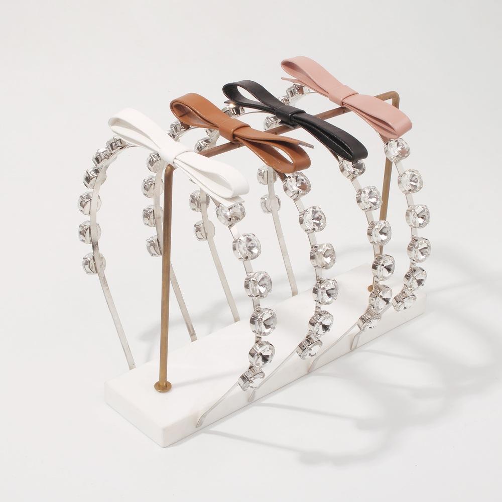 F3445 Glass Diamond Temperament Hair Ornament Bowknot Sweet Fragrance Headband Simple Leather Hairband for Adults