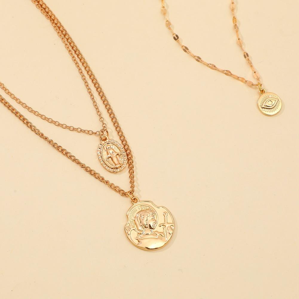 Personalized metal ancient coin multi-layer necklace ins creative eye oval Virgin Mary pendant hiphop street jewelry