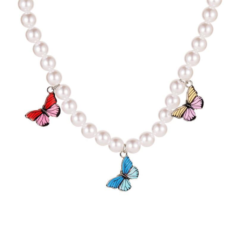 Ins cold temperament pearl necklace fantasy color butterfly clavicle chain simple short ladies necklace