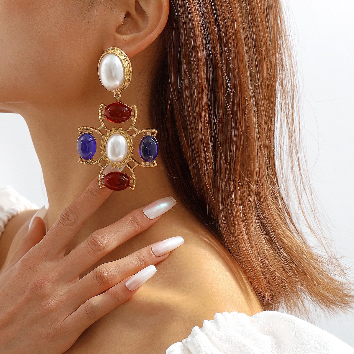 E1123Vintage cross pearl glass earrings French court minority personality design earrings