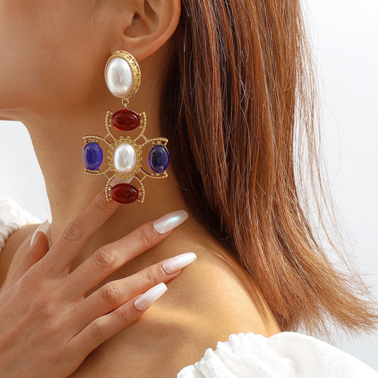 E1123Vintage cross pearl glass earrings French court minority personality design earrings